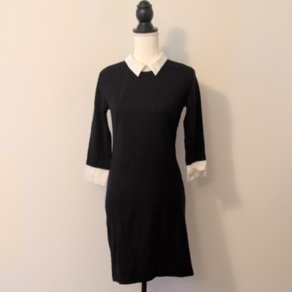 Adrienne Vittadini Black White Merino Wool Cuff Collar Sweater Dress Shirt Dress
